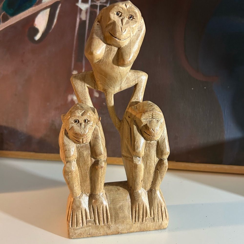 Handcrafted See, hear, & speak no evil wood monkey sculpture Indonesia